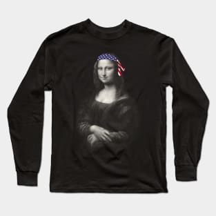 Mona Lisa in US Flag Headband Fun 4 July Long Sleeve T-Shirt